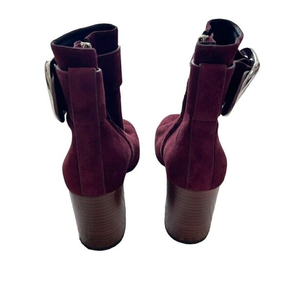 Alexander Wang Kenze Bordeaux Suede Buckle Chunky Heel Booties Women's Sz 36.5 - Picture 3 of 10